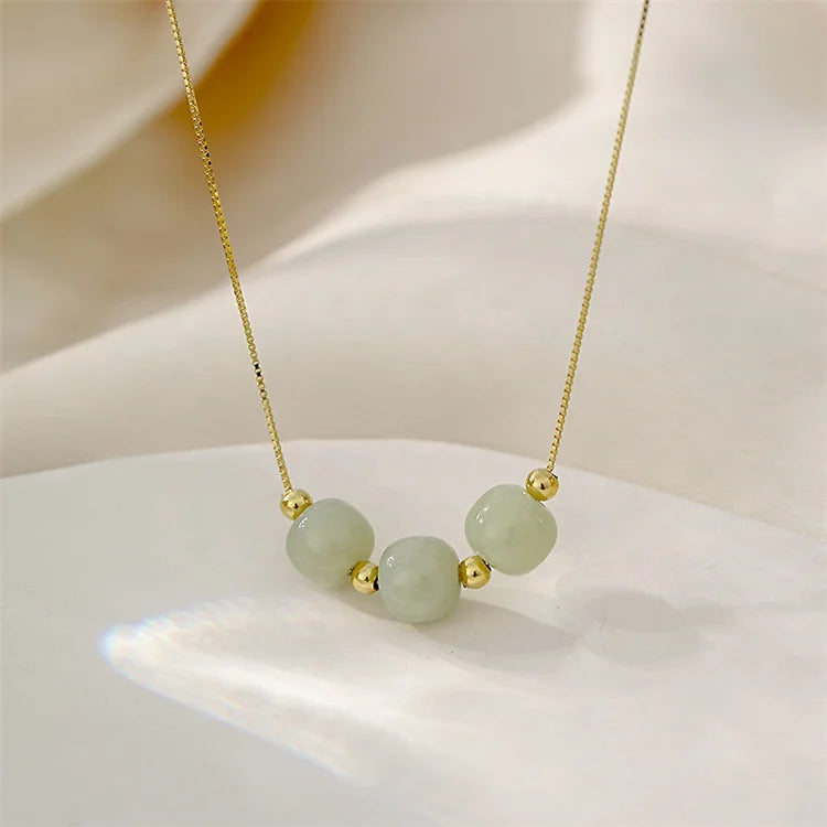 Wholesale New Titanium Steel Women Simple Light Luxury Designer Pendant Necklace Green Jade Necklaces