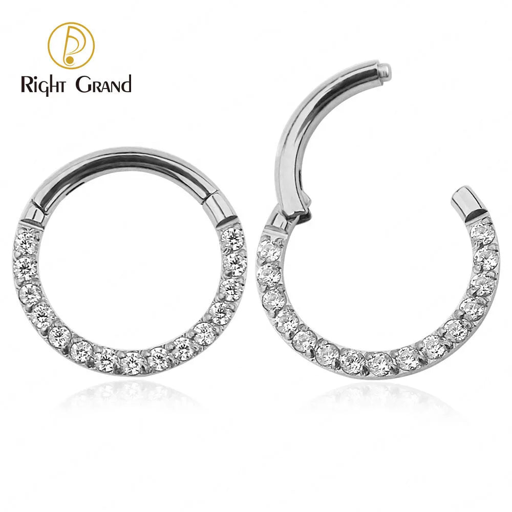 ASTM F136 Titanium Prong Setting Cubic Zircon Paved Daith Ear Nose Clicker Ring Piercing Jewelry