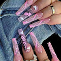 24pcs/box Long Coffin Ballerina pink Nail Fake Nail with Glue Press on Nails Artificial Fingernails with Rhinestone