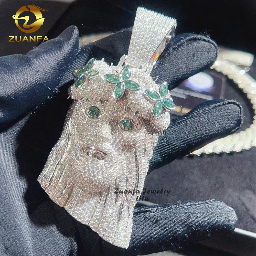 Hot Selling Hip Hop Blue Green Diamond 3D Custom 2.5" Tall Iced Out Silver Moissanite Jesus Pendant