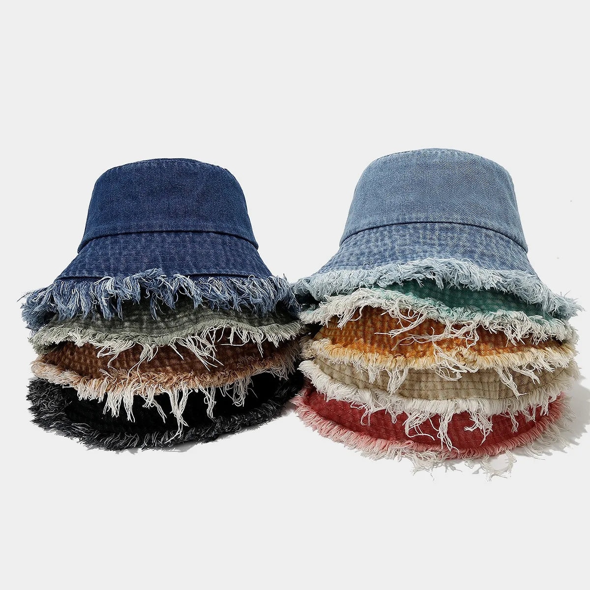 Fashion Trendy Raw Edge Fringe Brim Outdoor Street Denim Sun Hat Blank Faded Cotton Distressed Bucket Hat