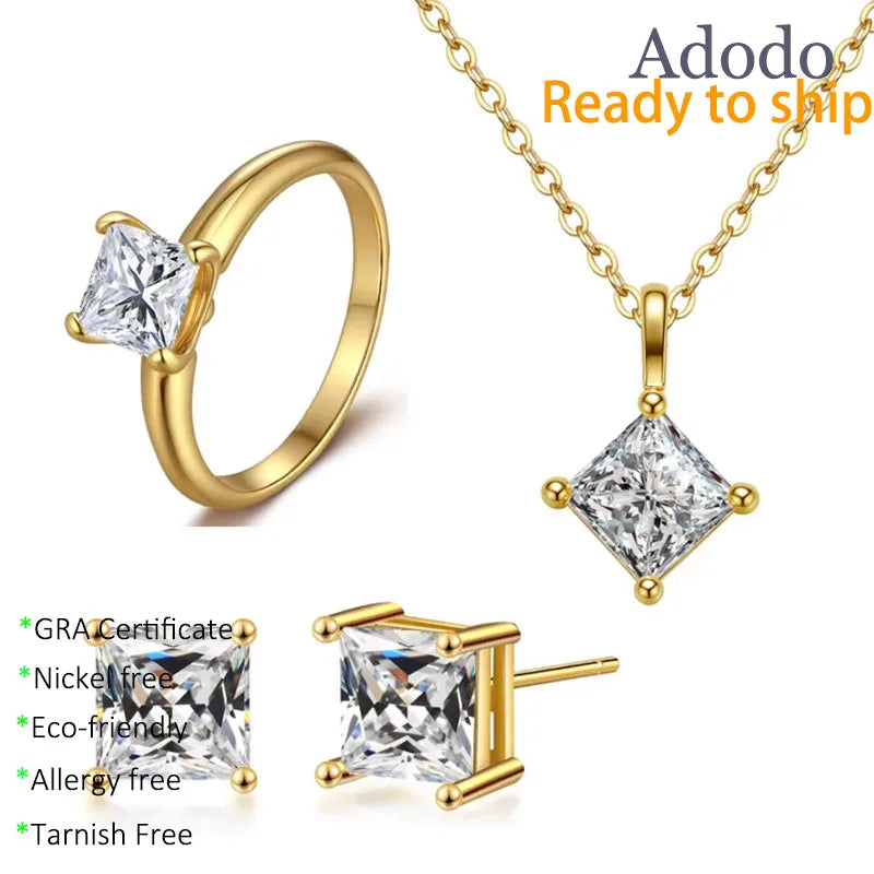 Adodo Jewelry Set 925 Sterling Silver 18k Gold Plated 1carat Princess Cut Moissanite Pendant Ring Earrings Necklace for Women