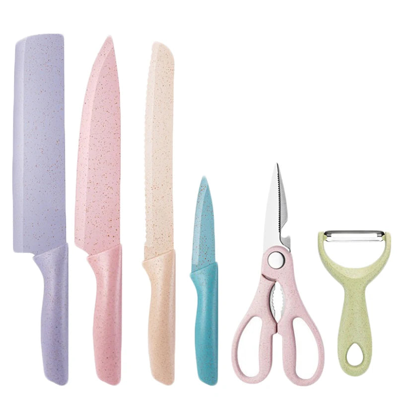 6-Piece Colorful Stainless Steel Kitchen Knife Set with Straw Accessories