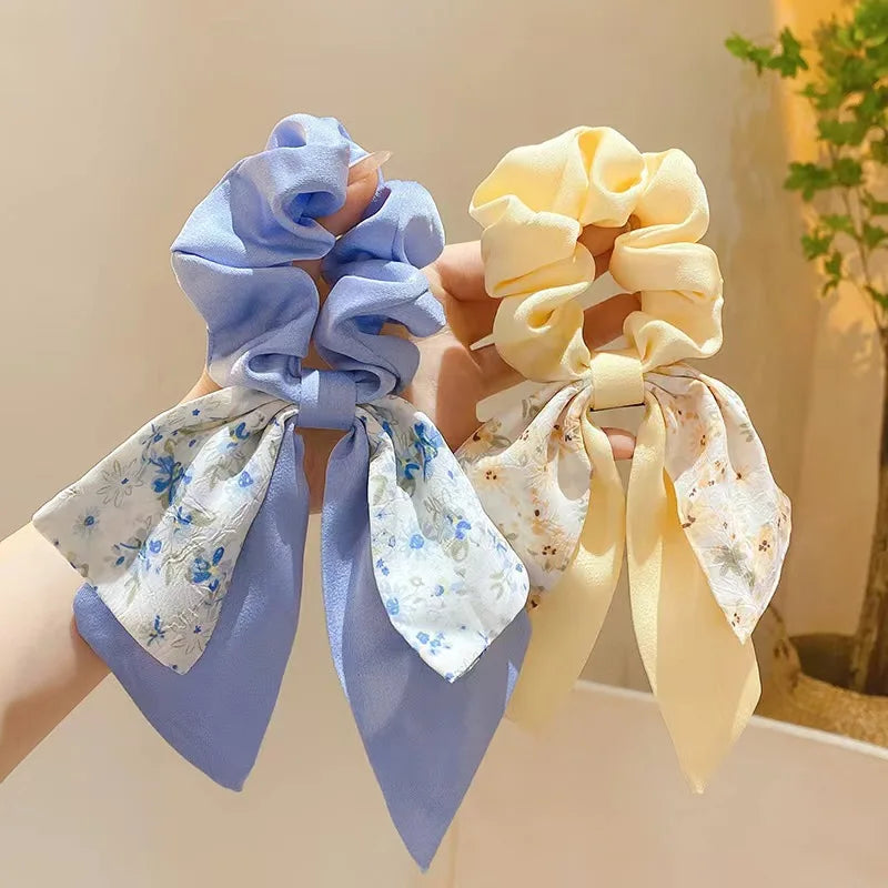 Hot Sale Fashion Bow Flower Elastic Hair Ties Girls Summer Ponytail Hair Scrunchies Floral Double-layer Bow Hair Tie
