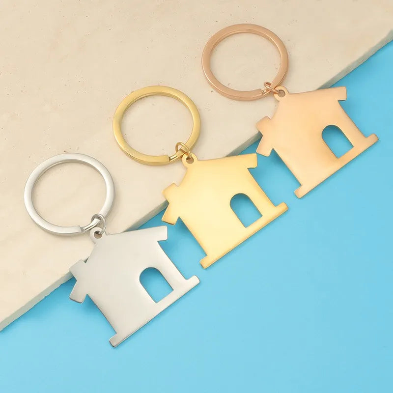 Wholesale House Shaped Blank Stainless Steel Pendant Keychain Silver / Gold / Rose Gold Tag Keychain With Custom Laser logo