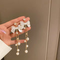 Best Sale Cubic Zirconia Butterfly Knot Tassel Earrings Alloy Gold Plated White Water Pearl Drop Earrings