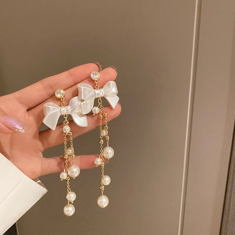 Best Sale Cubic Zirconia Butterfly Knot Tassel Earrings Alloy Gold Plated White Water Pearl Drop Earrings