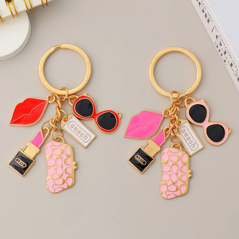 New Fashion Women's Paris Fashion Metal Keychains Creative Lips Lipstick Nail Polish Keychains Creative Lipstick Nail Polish
