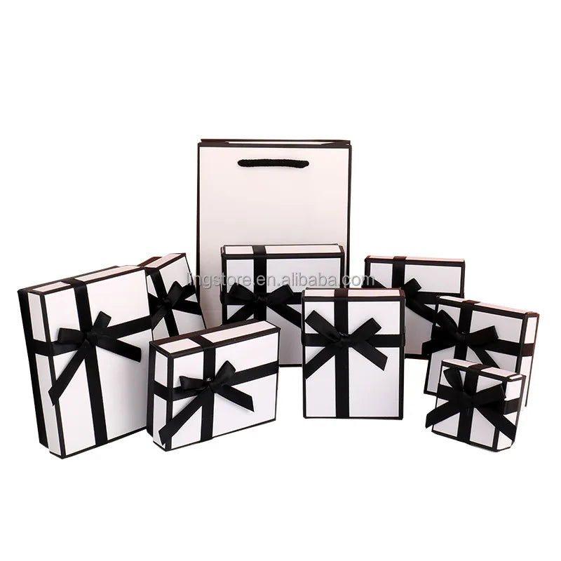 White Orange Jewelry Paper Box with Bow Earrings Ring Gift Package Lid and Base Boxes with Black Foam Insert
