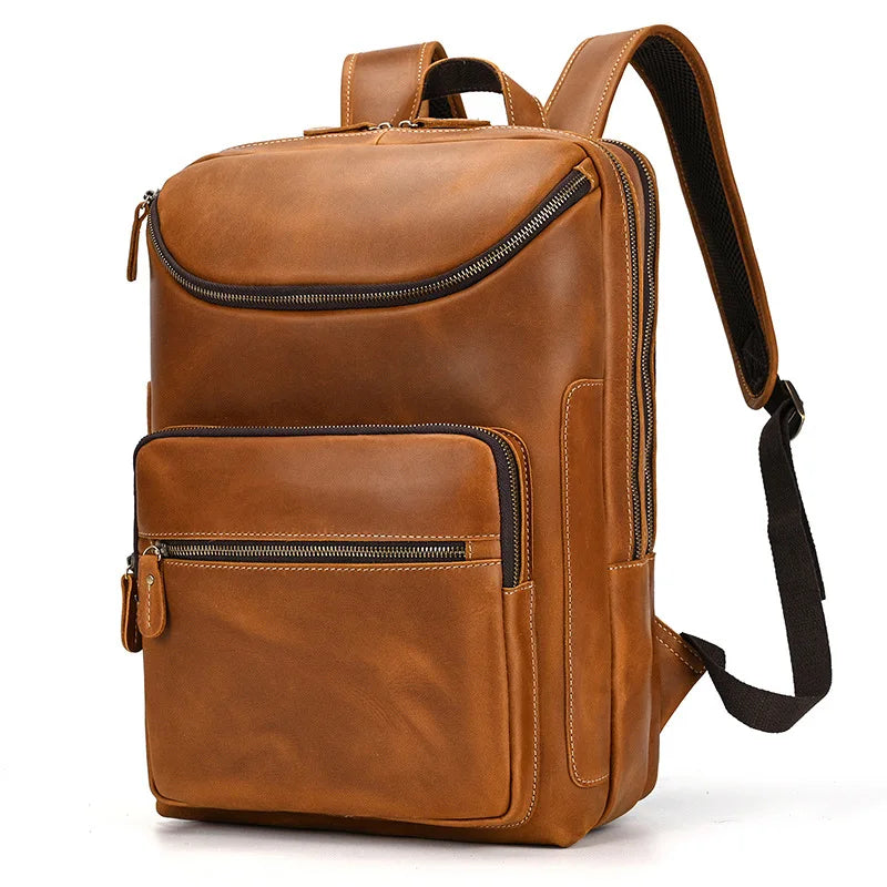 Retro Crazy Horse Leather Large Capacity Double Main Bag Backpack Popular Computer Bag Cowhide School Bag