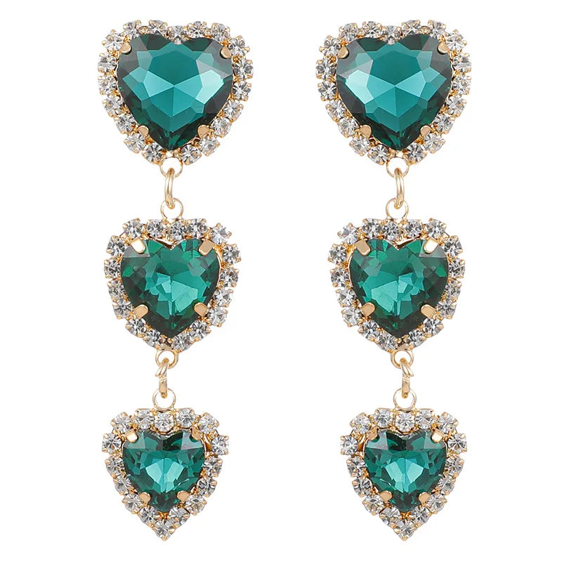 Statement Gemstone 3 Hearts Shaped Pendant Earrings Red Green Crystal Rhinestone Heart Dangle Earrings for Women