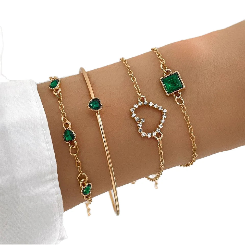 Set of 4 Bohemian Gold & Vintage Green Crystal Bracelets for Women Simple Crystal Cuff Bangles Chains Dating Jewelry Gift