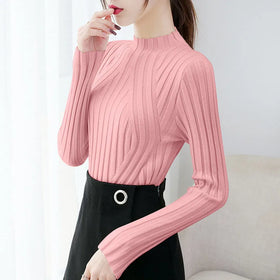 RNSHANGER Hot Sale Women Turtleneck Knitted Sweater New Solid Color Casual Breathable Pullover Slim Long Sleeve Striped Sweater