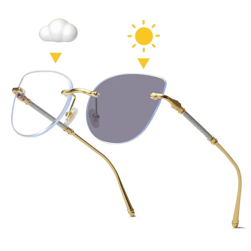 Custom Logo 2025 Photochromic Glasses Anti Radiation Cat's Eye Rimless Glasses for Women Anti Blue Light Phototropy Eyeglasses