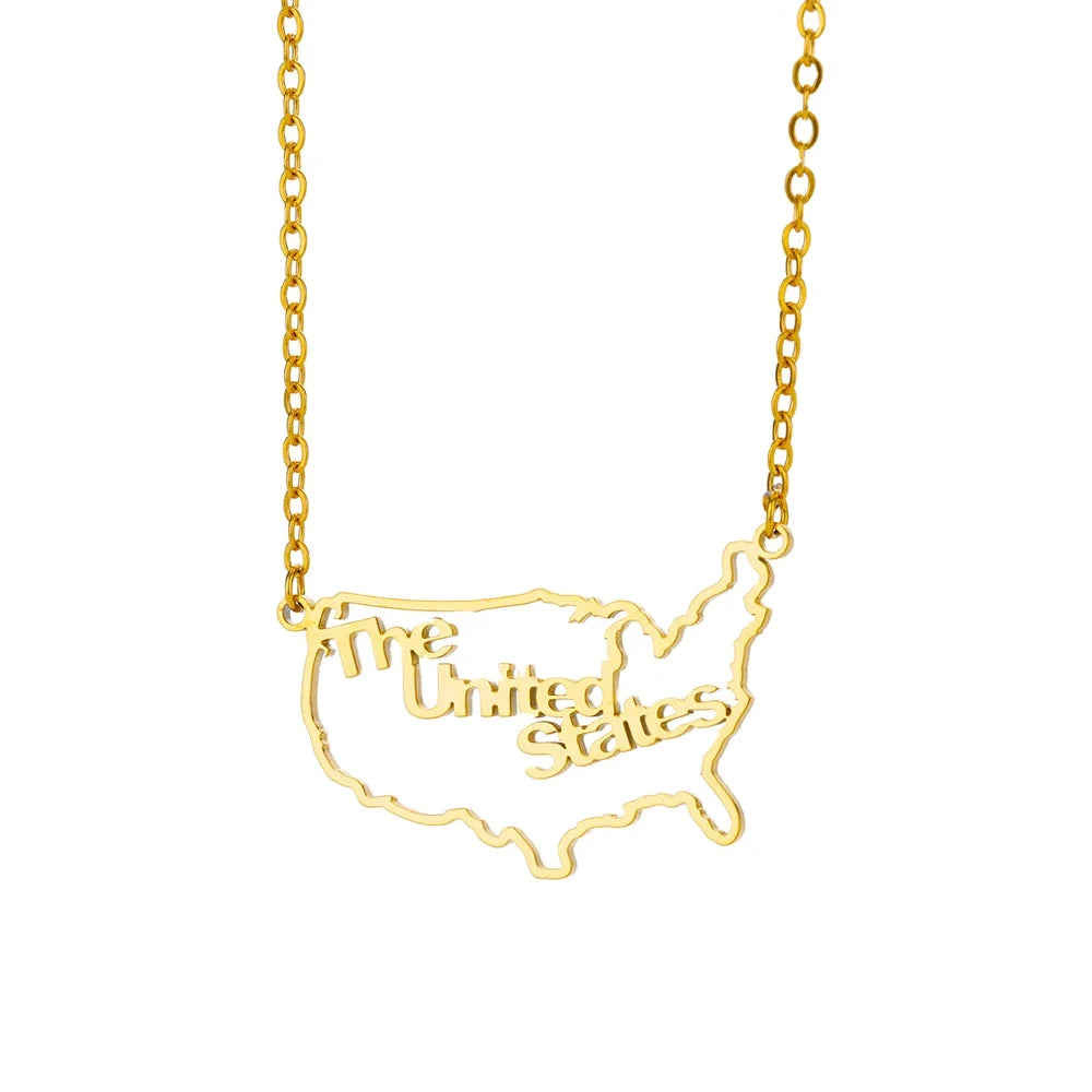 Hollow Out Gold Plated Stainless Steel United States Custom Map Necklace