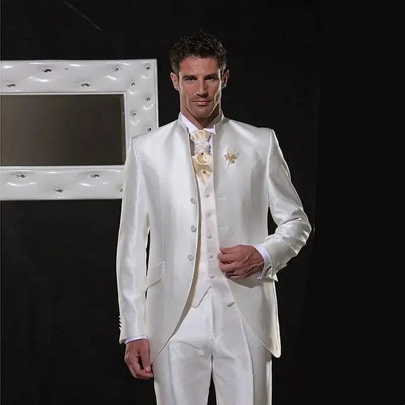 Classic White Wedding Tuxedos Groom Wear Stand Collar Men Suits Trim Fit Vintage Victorian Prom Party Blazer Set for Groomsmen