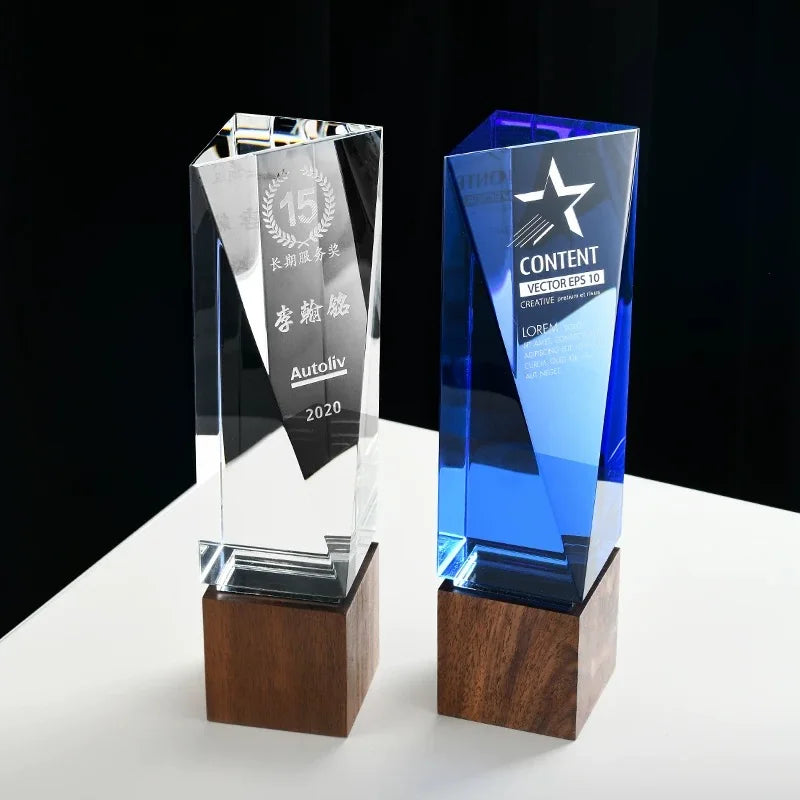Personalized Blue and Clear Crystal Trophy with Wooden Base  MH-NJ0156