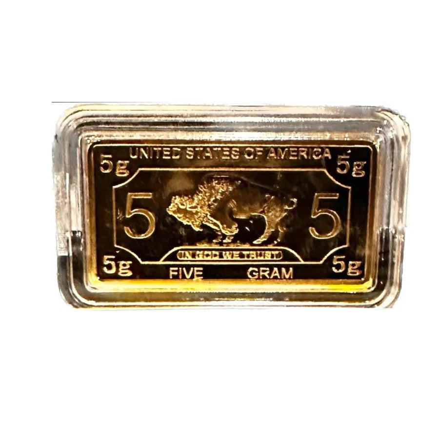 5 Gram Gold Plated Buffalo Bar United States of America 100 MILS Gold CLAD Bar With Packaging Plastic Case