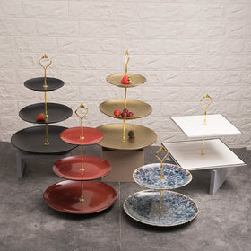 Wood Ceramic Porcelain Golden Red Black 2 Tier Hotel Cafe Weeding Party 3 Tiers Dessert Stand Cake Display Fruit Serving Tray