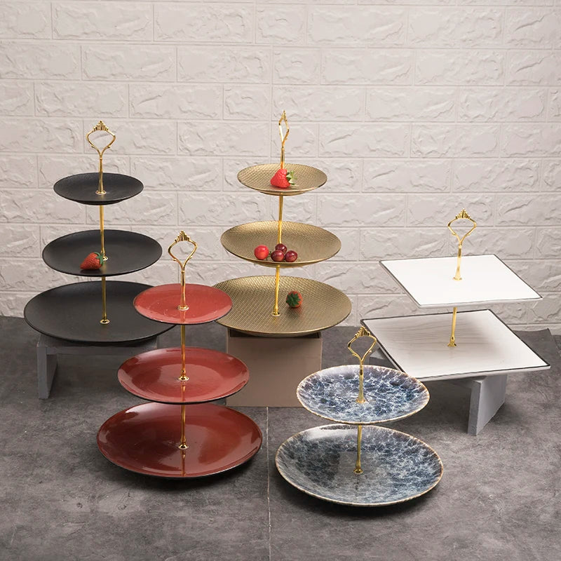 Wood Ceramic Porcelain Golden Red Black 2  Tier Hotel Cafe Weeding Party 3 Tiers Dessert Stand Cake Display  Fruit Serving Tray