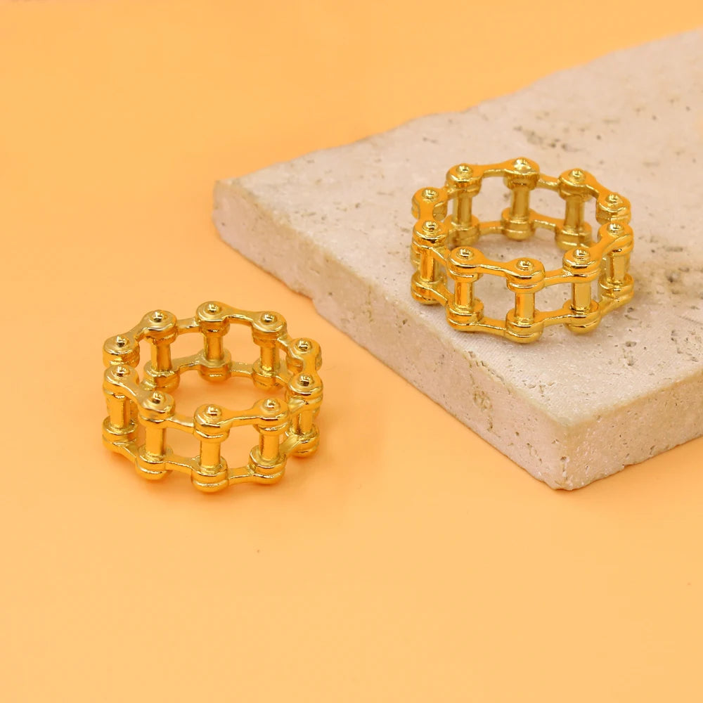 Classic Punk Mechanical Style Stainless Steel Ring Simulation Bicycle Chain 18K Gold Plated Metal Rock Finger Jewelry