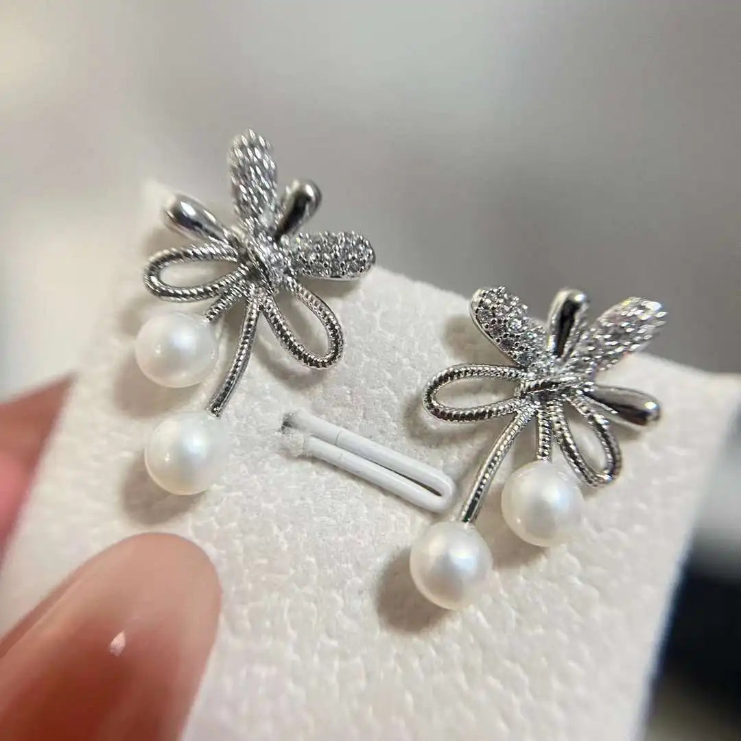 Stud Butterfly Earrings Inlaid Freshwater Pearl AAAA Grade White Rhodium Plated Brass Ear Needle Pearl Natural Women 4.5-5MM