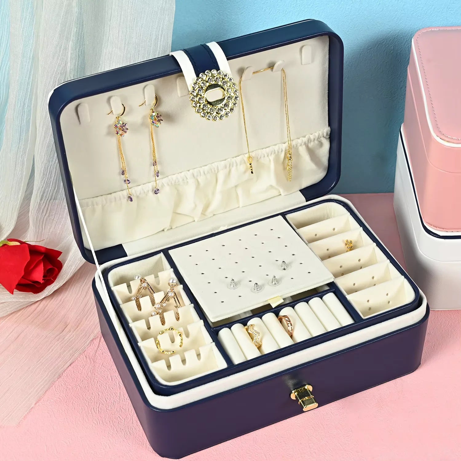 MKW-7117 2 Layers Earring Ring Storage Case Necklace Jewelry Travel Storage Box PU Leather Large Capacity Jewelry Organizer Box