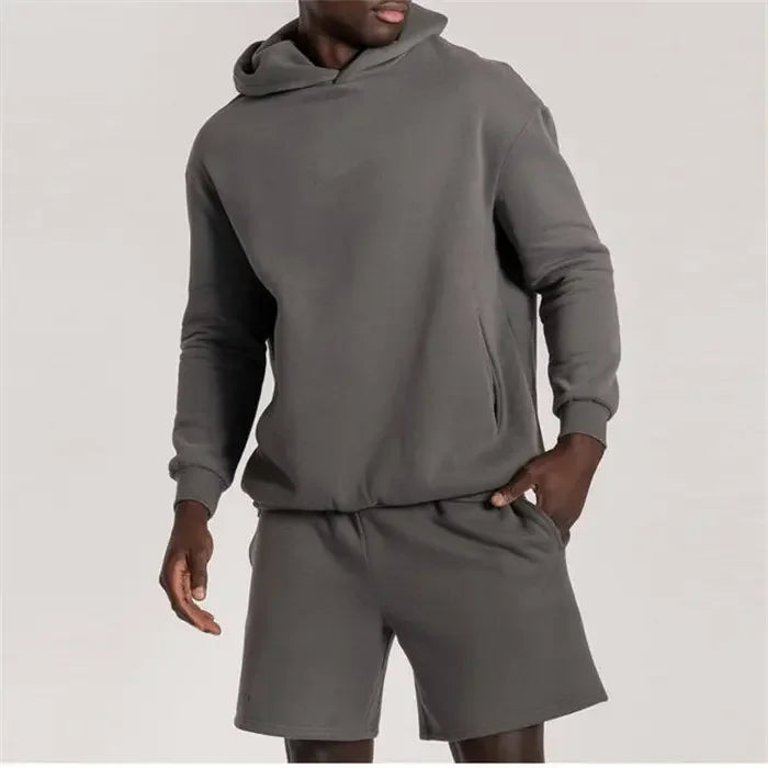 OEM Men's Casual French Terry Hoodie Shorts Tracksuit Set Winter Cotton with Hip Hop Style Striped Print Patterns Side Pockets