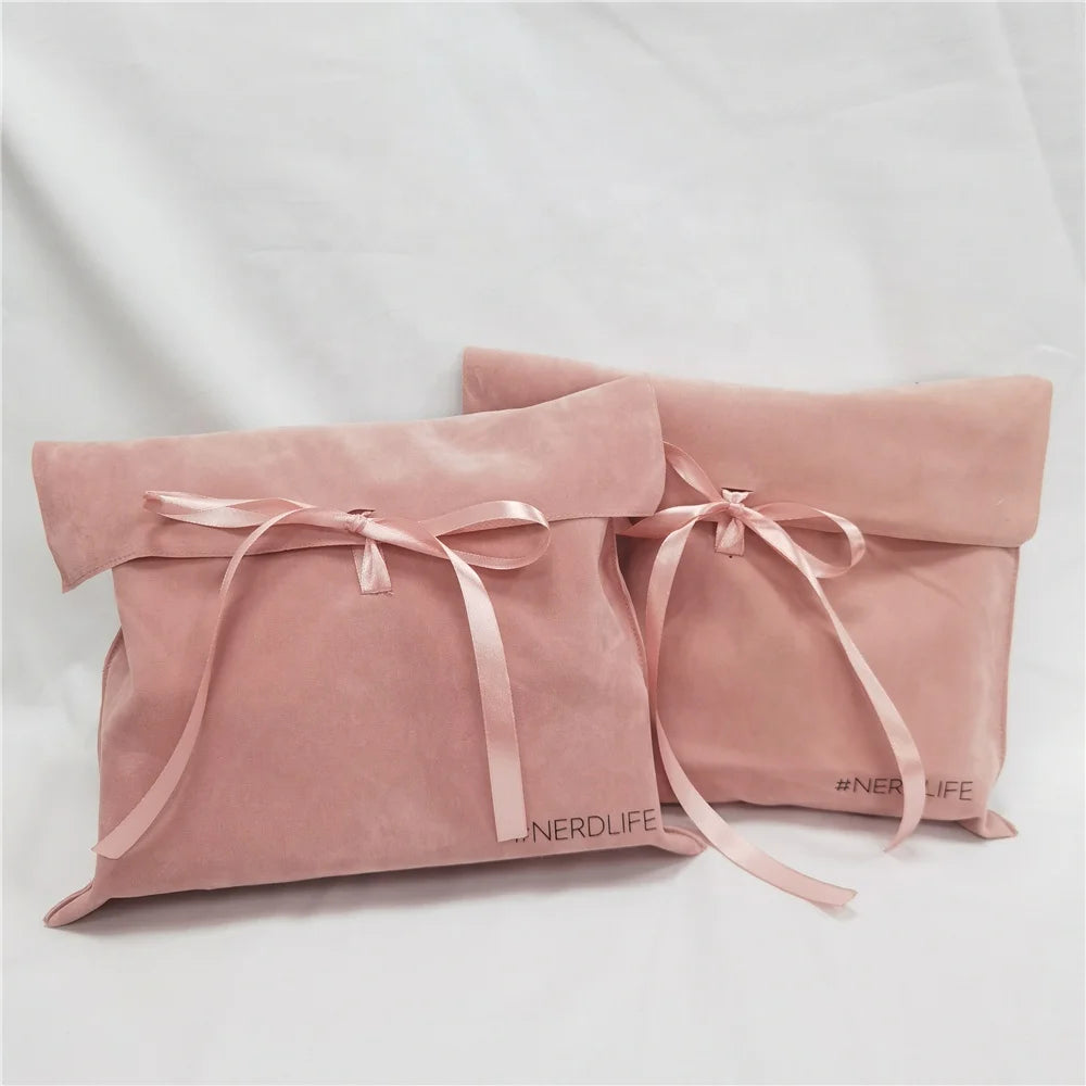 Chuanghua Customize Pink Velvet Envelope Flap Velvet Bags With Custom Logo Velvet Envelope Bag With Satin Lining and Bow Closed