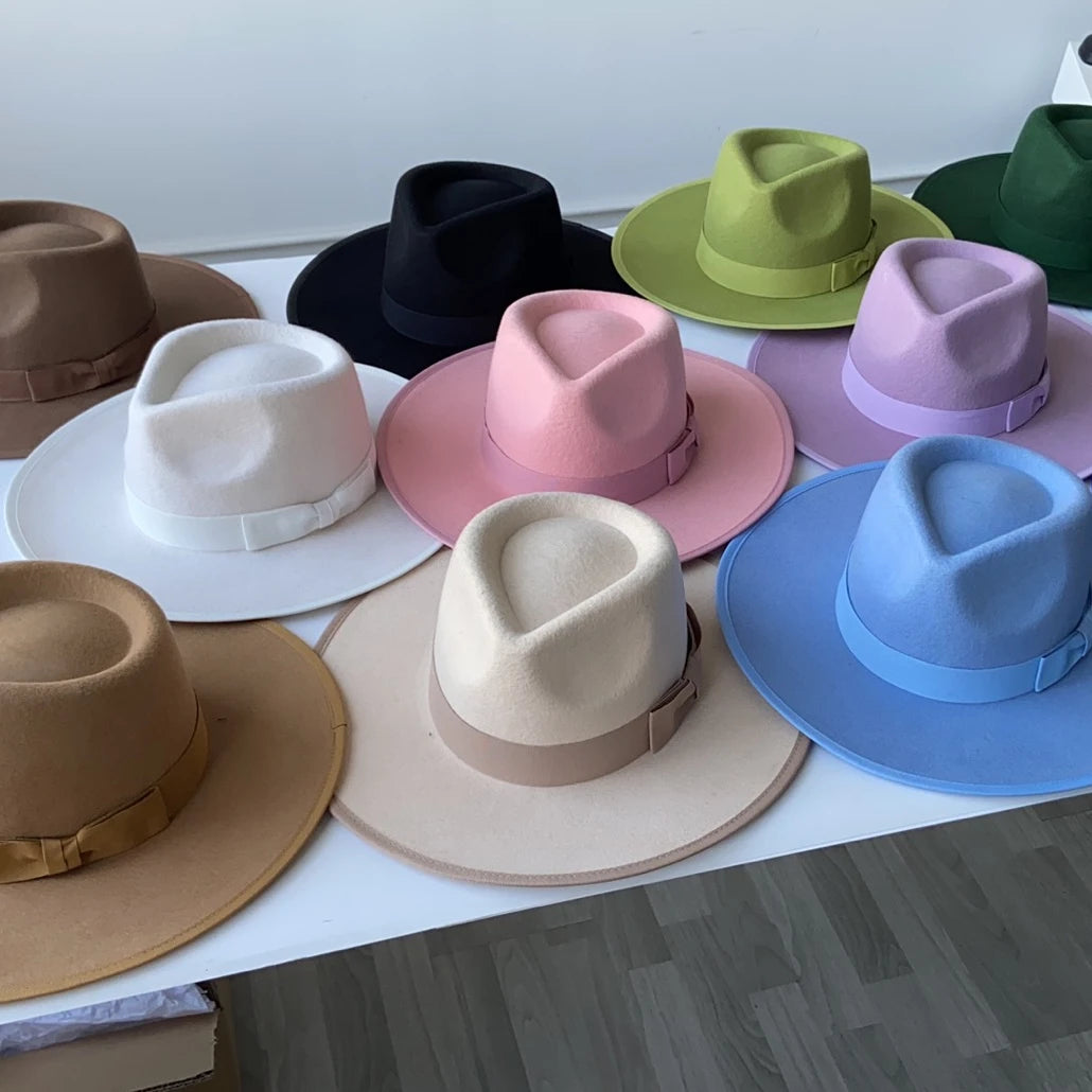 Wholesale Fedora Hats 2024 New Fashion Women Customized Wide Brim Sombreros Ladies Luxury 100% Wool Felt Hat With Ribbon Bow