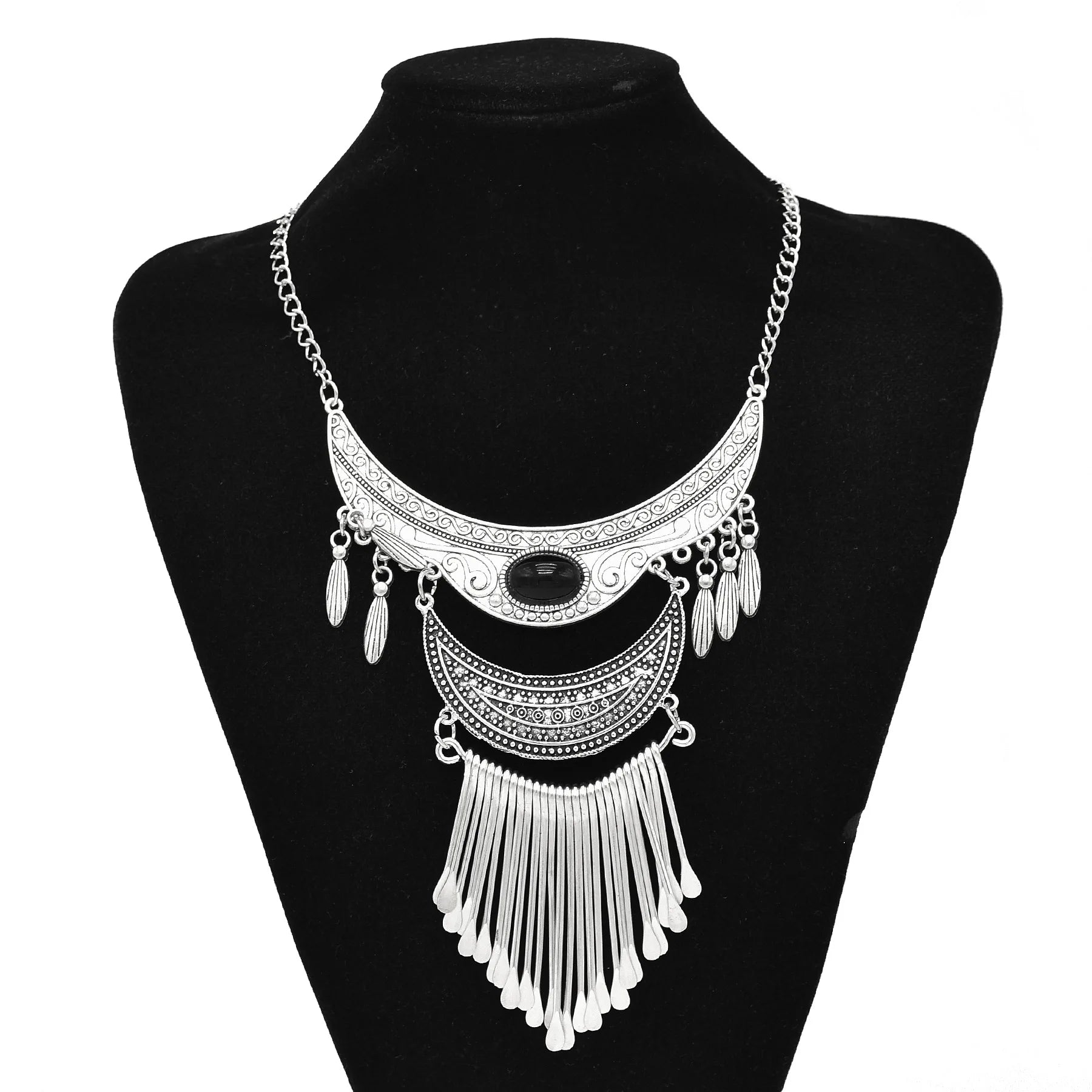 Bohemian Silver Necklace Inlay Irregular Moon Geometry Necklace Acrylic Gem Tassel Necklace Women Jewelry