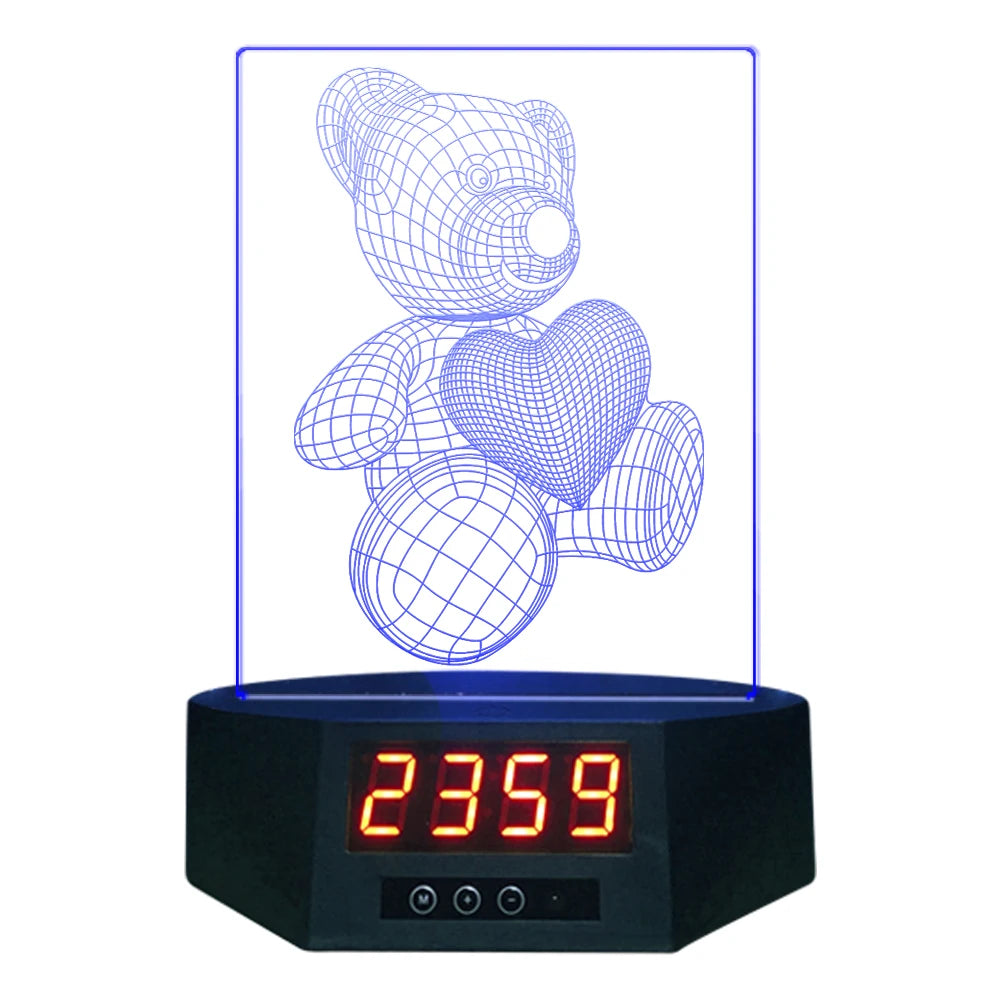 Lovely Bear with Heart 3D Illusion Touch Sensor Alarm Clock Lamp Remote Control RGB Night Light for Decoration Gift