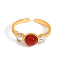 J&D 18k Gold Stainless Steel Rhinestones Inlaid Round Red Agate Adjustable Open Ring