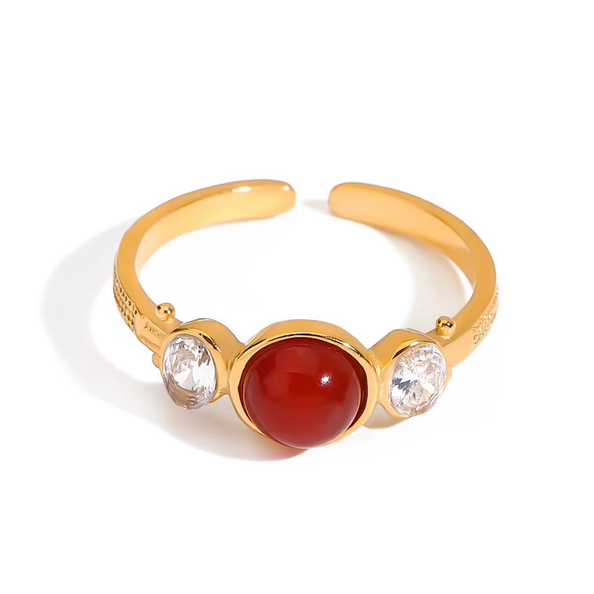 J&D 18k Gold Stainless Steel Rhinestones Inlaid Round Red Agate Adjustable Open Ring