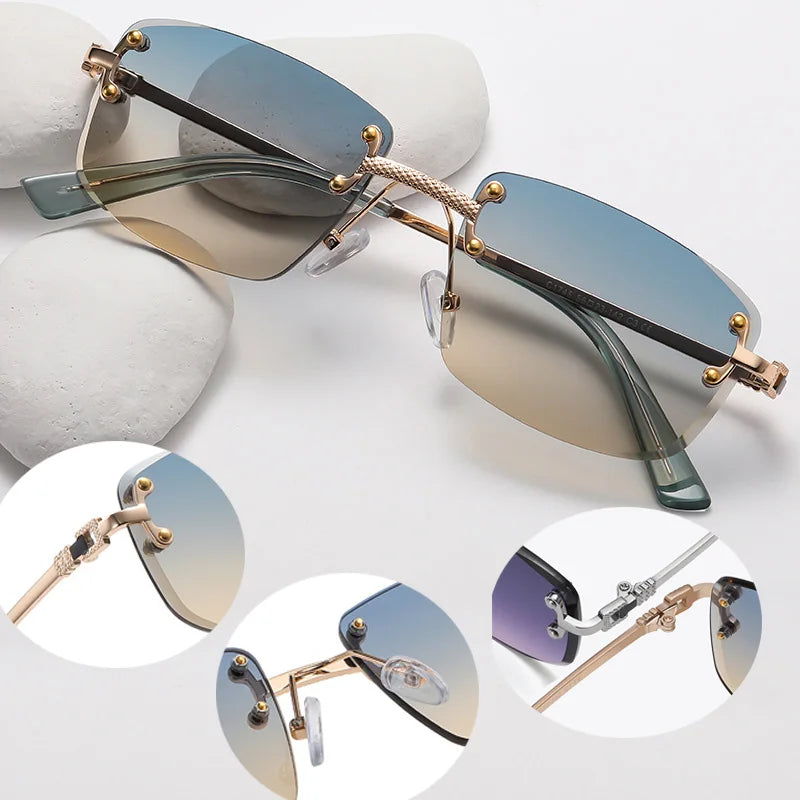 Fashion Premium Sunglasses Male Rectangle Uv400 Eyewear Custom Logo Sun Glasses Rimless Men Sunglasses Blue Gradient