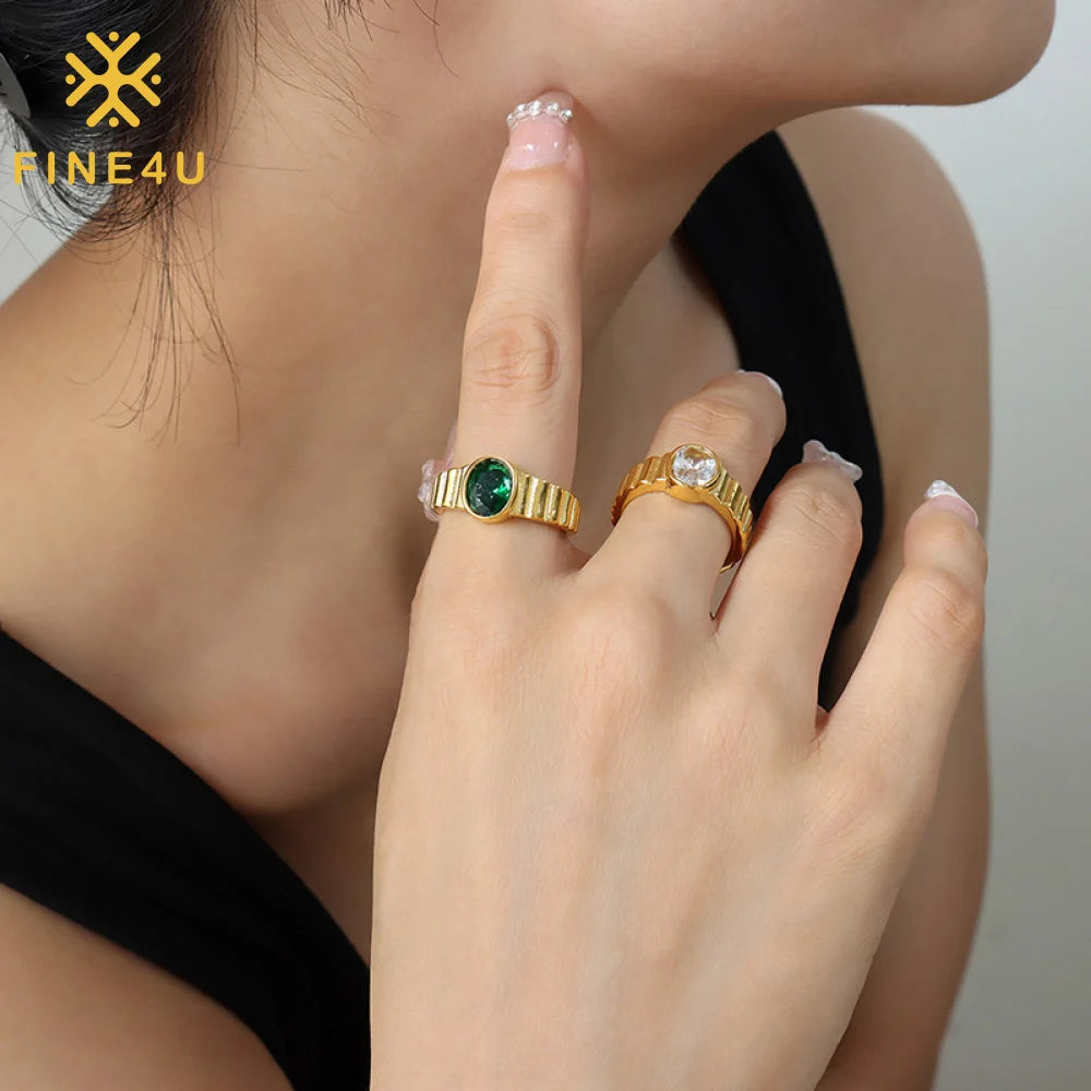 High Quality Women Jewelry Vintage Green Cubic Zirconia Stainless Steel Gold Plated Women Zircon Finger Ring