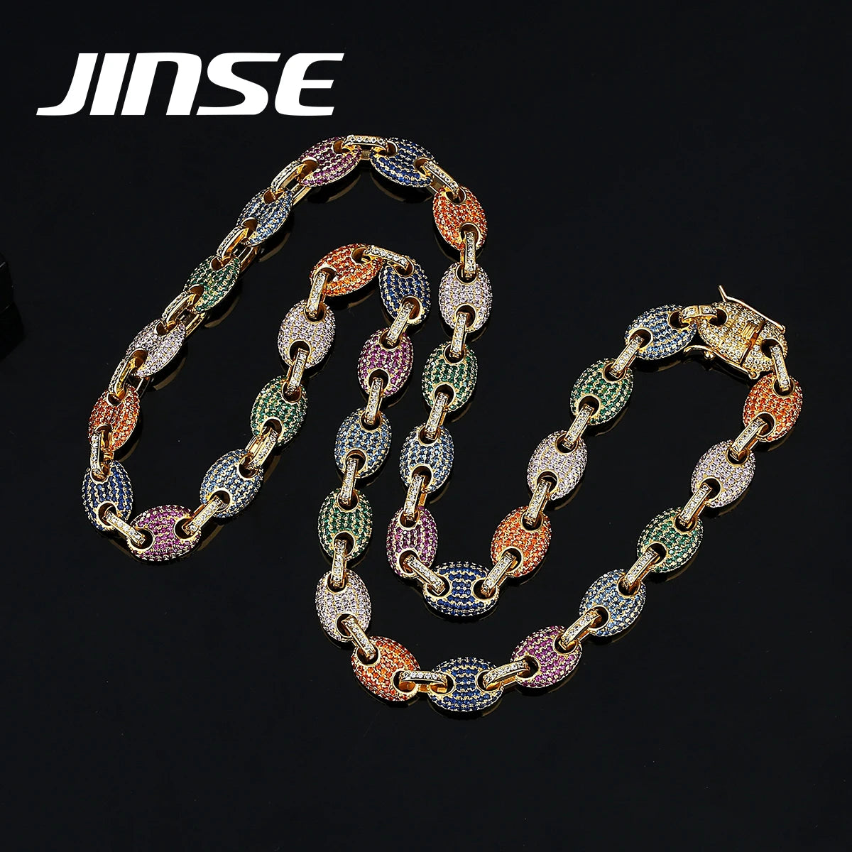JINSE Fashion African Hip Hop Jewelry Brass CZ Necklace Chain Custom Colourful Trendy Mens Necklace