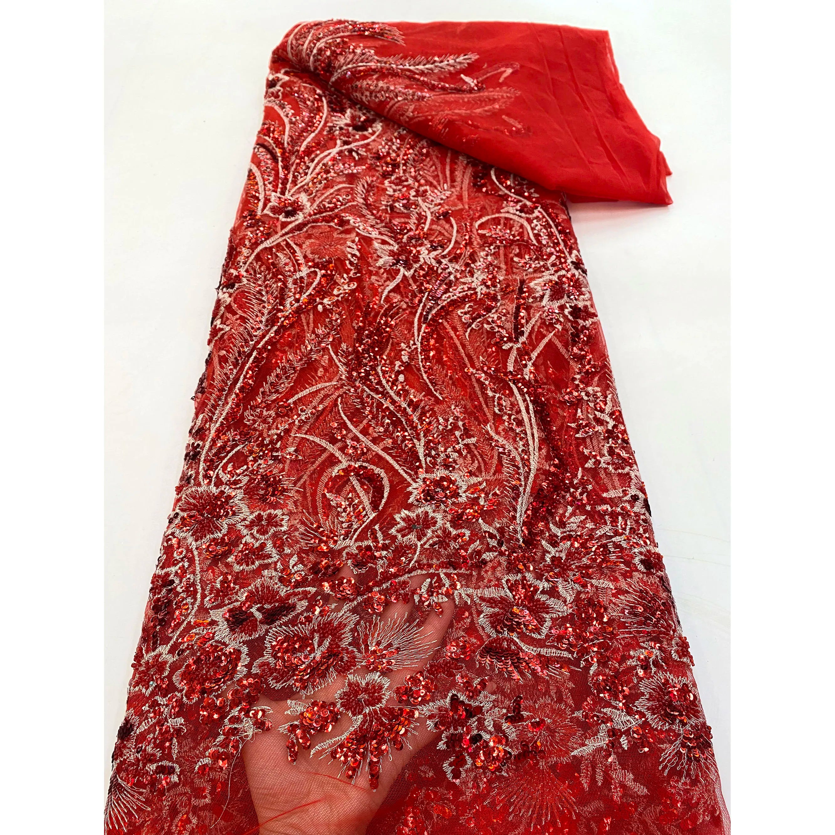 Luxury  Red Crystal Sequins Embroidery Beads Handmade Dubai Bridal Beaded Lace Fabric
