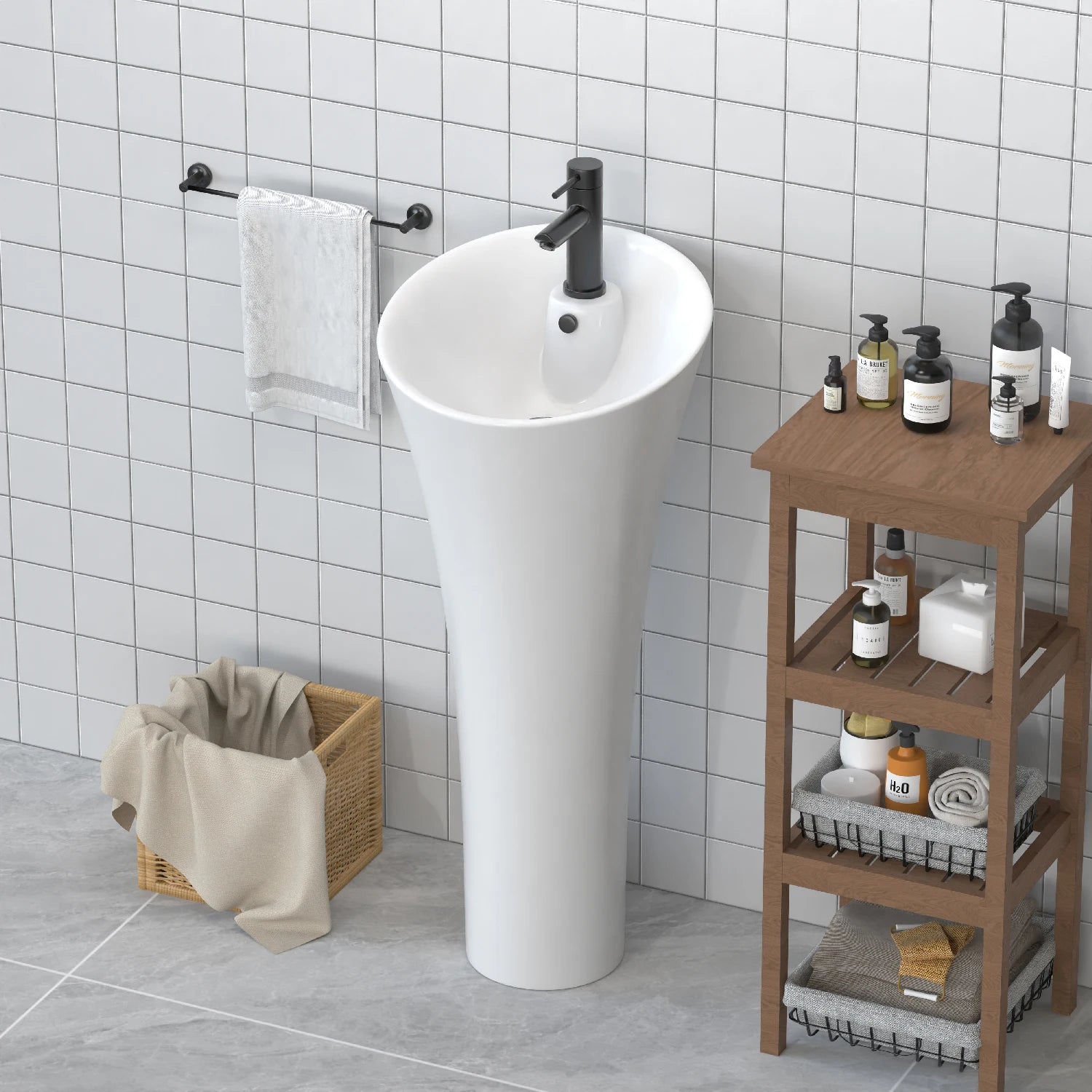 Big Size Modern Solid Surface Pedestal Sinks with White Finish 9L Capacity Freestanding Wash Basin for Bathroom Use