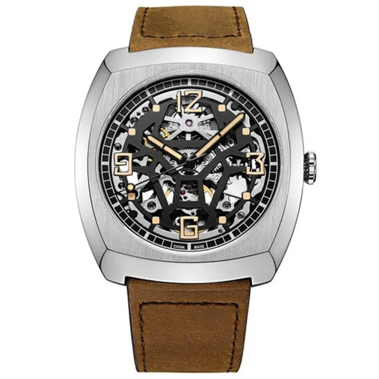 Custom Logo Luxury Genuile Leather Skeleton Mechanical Automatic Square Watch for Men