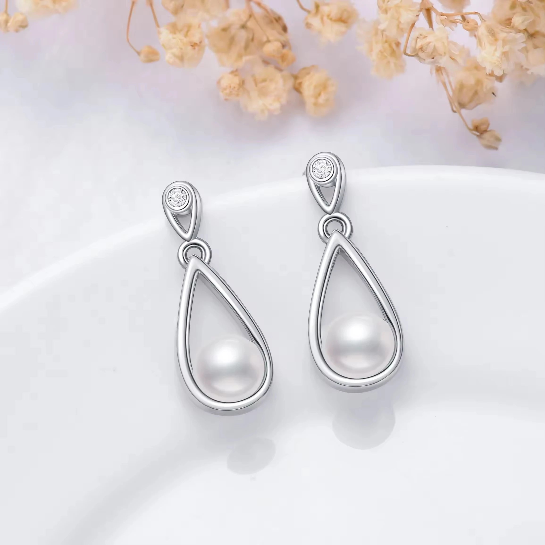 YFN Jewelry 925 Sterling Silver White Fresh Water Pearl Dangle Drop Stud Earrings
