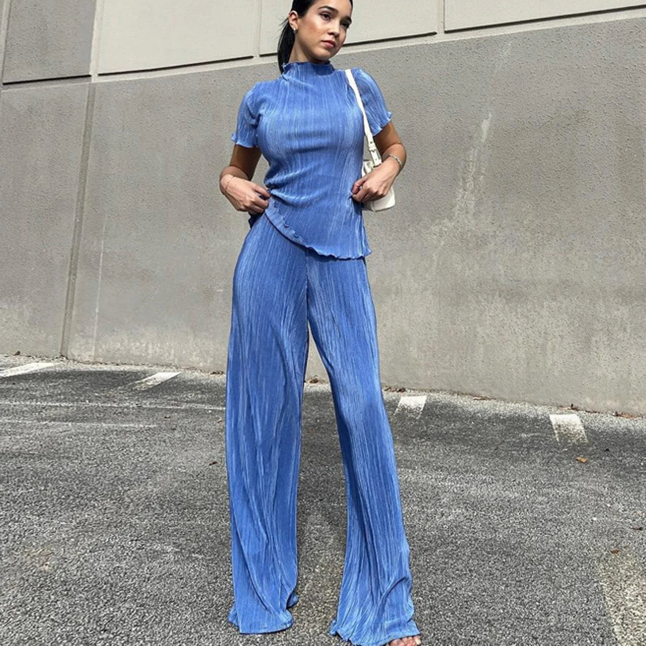 Enyami Instock Plisse Co Ord Casual Outfits T-shirts High Waist Wide Leg Pants Suits Pleated Women 2 Piece Set