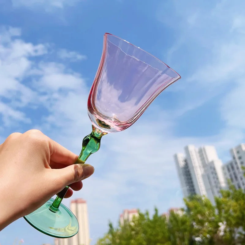 Solhui Ins Vintage Medieval Retro Crystal Goblet Creative pink Flower Champagne Glass Cup