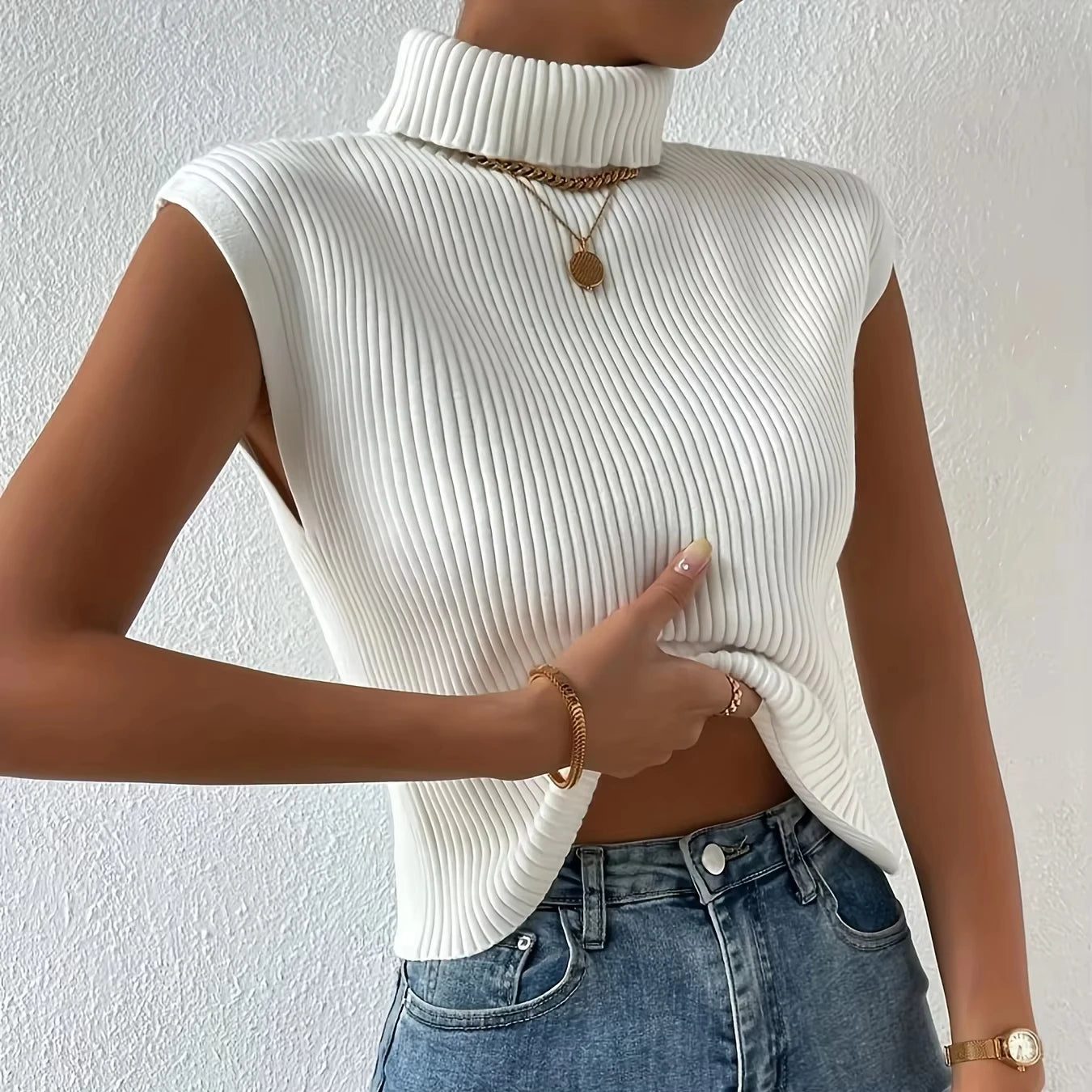 Wholesale Custom Spring High Neck Ribbed Sleeveless Knit Tank Top Spring Women'S Knitted Sweater Vest for Women