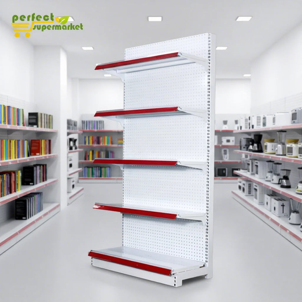 Easy Installation Heavy Duty Iron Steel Modern Supermarket Rack Perforated Design Freestanding Shelving