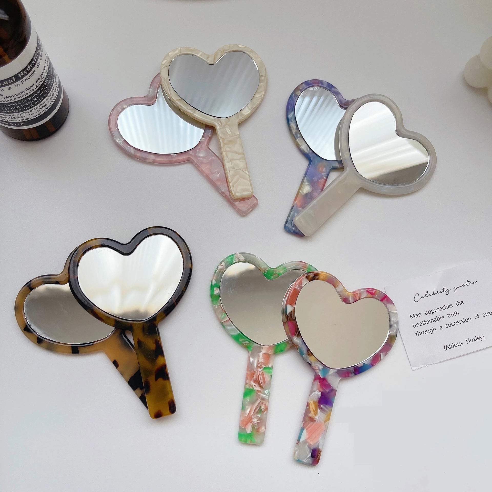 Zonyin Fashionable Heart-Shaped Cosmetic Mirror Cute Acetate Marble Finish Personalized Portable Makeup Mirror for Girls Travel