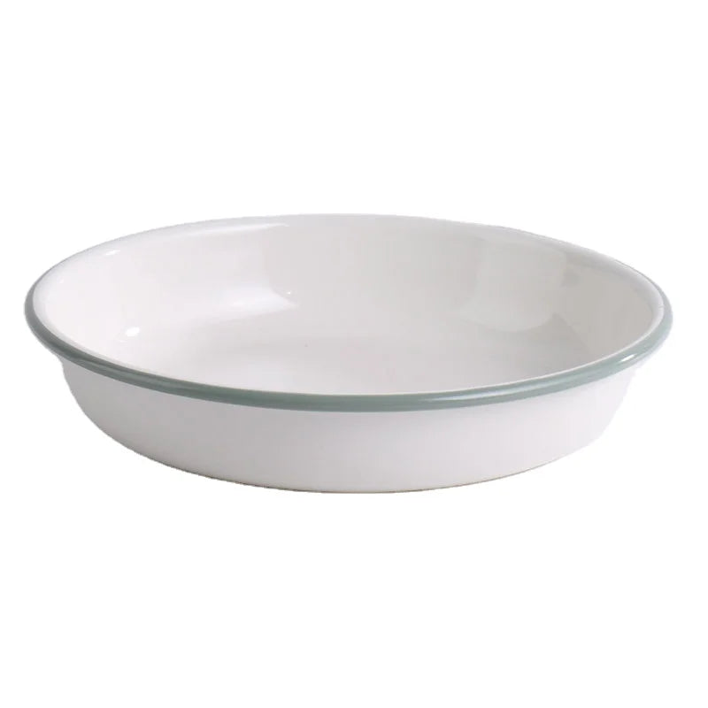 Unbreakable Enamelware Dinner Serving Platter Tray White Round Shallow Bowls with Black Rim