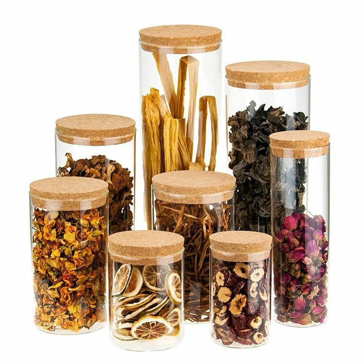Cheap Wholesale Cylinder Borosilicate Glass Jars with Cork Lids Storage Spice Glass Container Jars for Kitchen