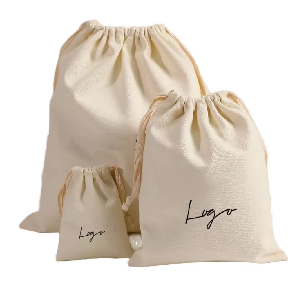 100 Pieces Canvas Cotton Dust Bag Custom Logo Jewelry Packaging Drawstring Pouch With Ribbon Dusty Bag Gift Bag