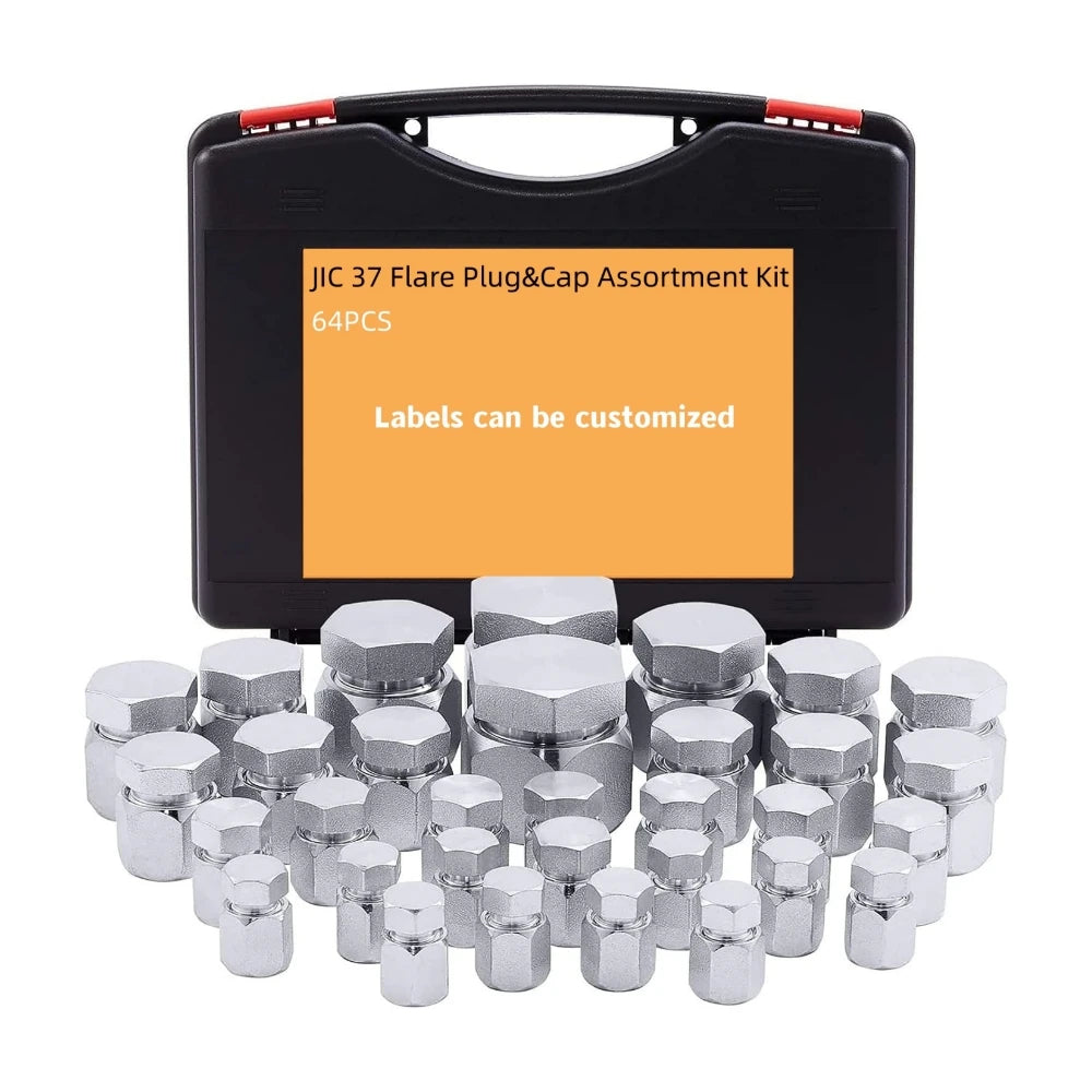 64pcs JIC 37 Flare ORFS Hose Plug&Cap Kit Assortment Hydraulic Adapter Fitting With Dash Size -04 -06 -08 -10 -12 -16